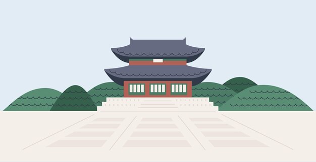 Korean Pavilion Illustration Traditional Architecture on a Hill