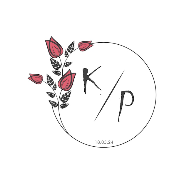 KP monograma inicial algunas rosas Círculo de boda con diseño creativo