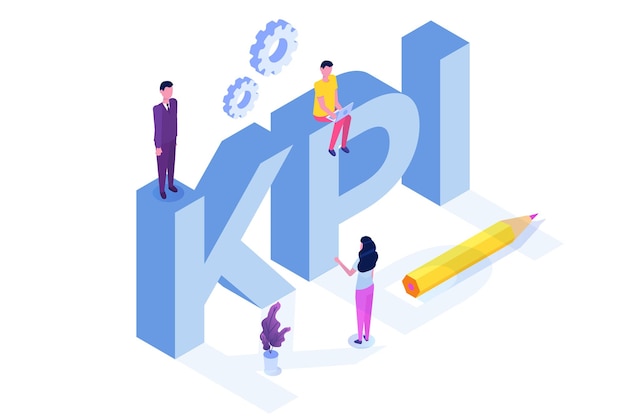KPI, indicador clave de rendimiento, concepto isométrico de consultoría empresarial.