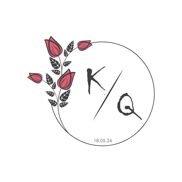 KQ monograma inicial algunas rosas Círculo de boda con diseño creativo