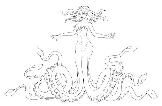 Kraken chica pulpo mujer dibujo vector ilustración hermosa criatura marina