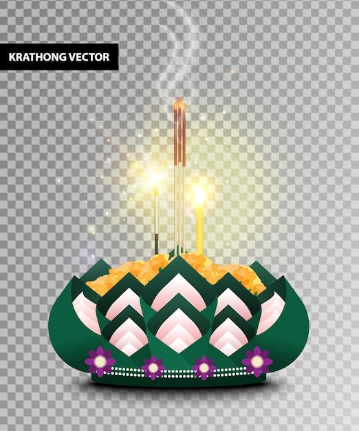 Krathong vector Krathong hecho de decoración de hoja de plátano con vela de incienso de flores y petardo