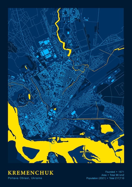 Kremenchuk Map Vector Poster Mapa detallado alto en colores azul amarillo nacional