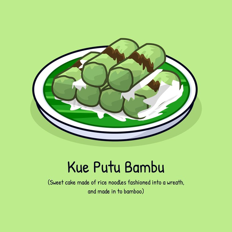 Vector kue putu o pastel de coco dulce con azúcar moreno cocido en bambú postre tradicional de indonesia