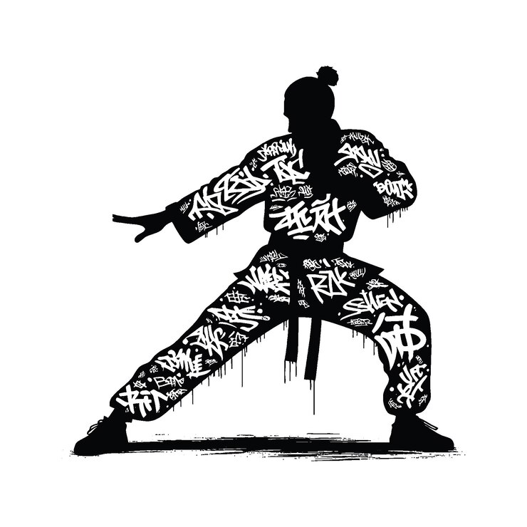 Vector kung fu tai chi jugador masculino en graffiti etiquetas de arte callejero patrón ilustración emblema escudo insignia