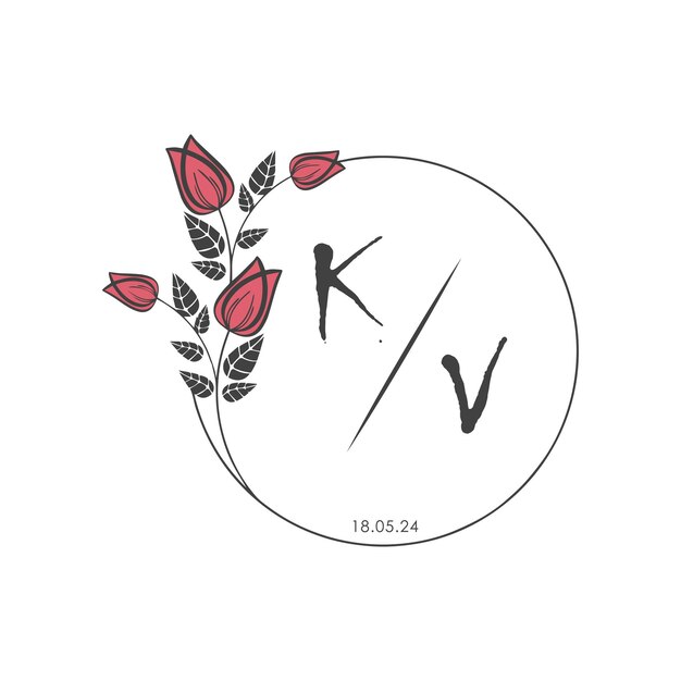 KV monograma inicial algunas rosas Círculo de boda con diseño creativo
