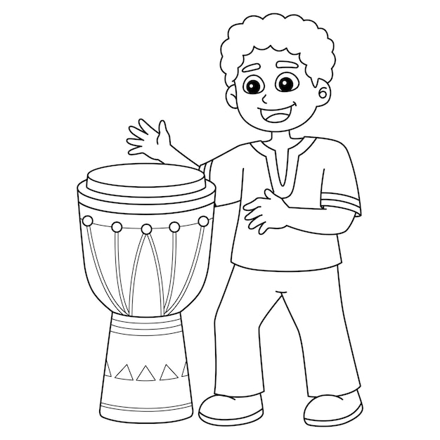 Vector kwanzaa boy playing djembe aislado página para colorear