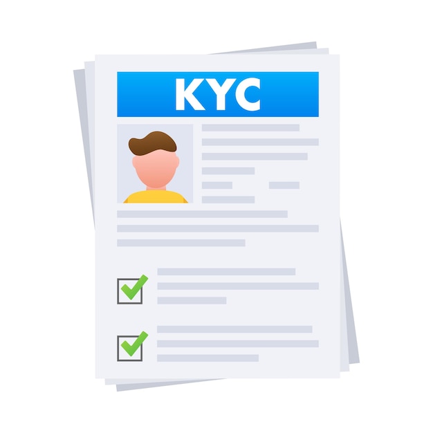 Vector kyc conoce el documento de cumplimiento de su cliente con marcas de verificación y foto del cliente para servicios financieros