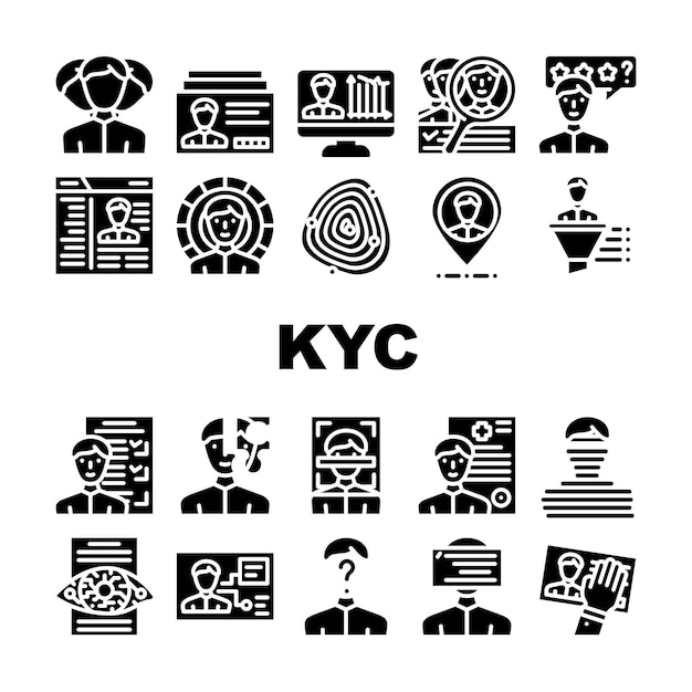 Kyc Conozca a los iconos de la colección de su cliente Establezca la tarjeta de identificación del cliente vectorial y la información médica Kyc Tecnología y análisis Pictogramas de glifos Ilustraciones negras