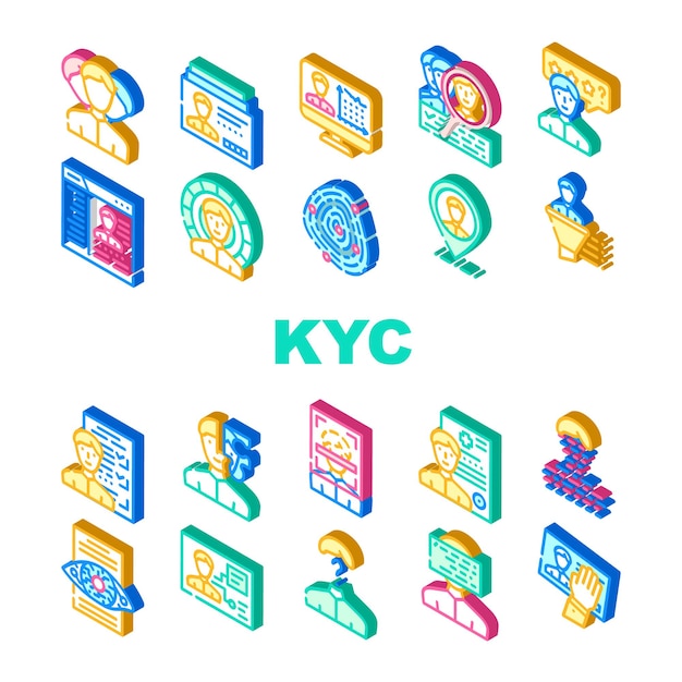 Kyc Conozca a su cliente Colección de iconos Conjunto Vector Tarjeta de identificación del cliente e Información médica Kyc Tecnología y análisis Signo isométrico Ilustraciones en color