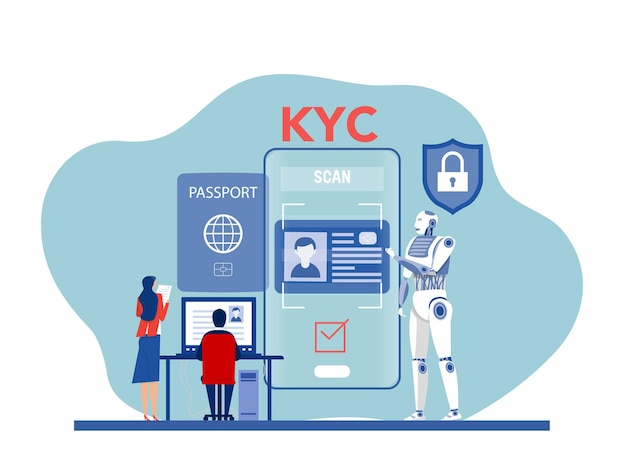 KYC o conozca a su cliente con el control de acceso a la identificación biométrica del rostro del hombre escaneado por robot