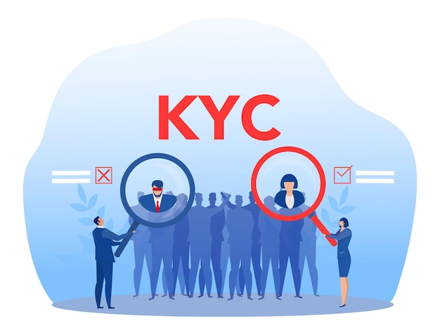 KYC o conozca a su cliente con un criminal a través de un ilustrador de vectores de lupa