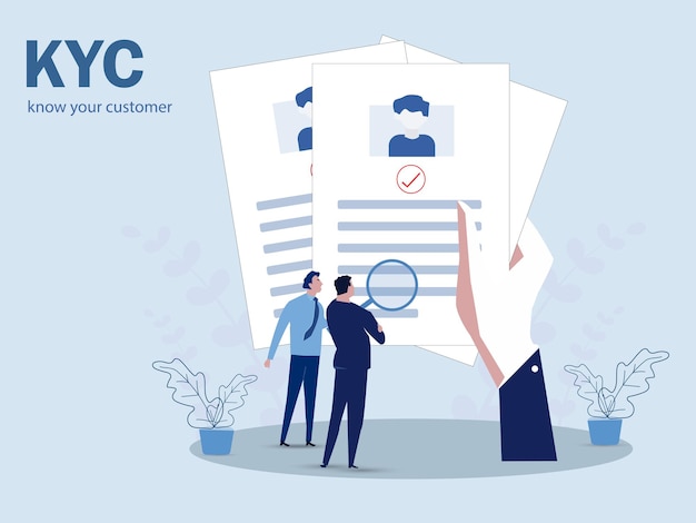 KYC o conozca a su cliente con el negocio verificando la identidad del concepto de sus clientes en los partnerstobe a través de un ilustrador de vectores de lupa