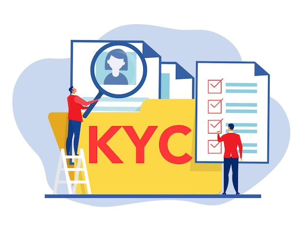 KYC o conozca a su cliente con negocios verificando la identidad del concepto de sus clientes en los futuros socios a través de un ilustrador de vectores de lupa