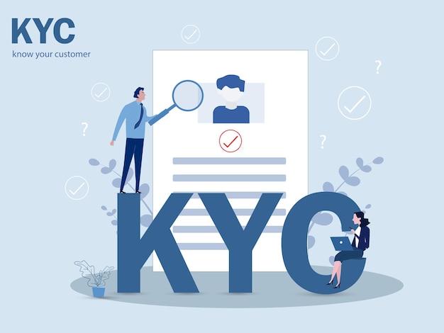 KYC o conozca a su cliente con negocios verificando la identidad del concepto de sus clientes en el socio a través de un ilustrador de vectores de lupa