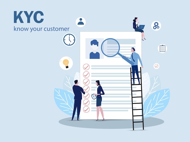 KYC o conozca a su cliente con negocios verificando la identidad del concepto de sus clientes en el socio a través de un ilustrador de vectores de lupa