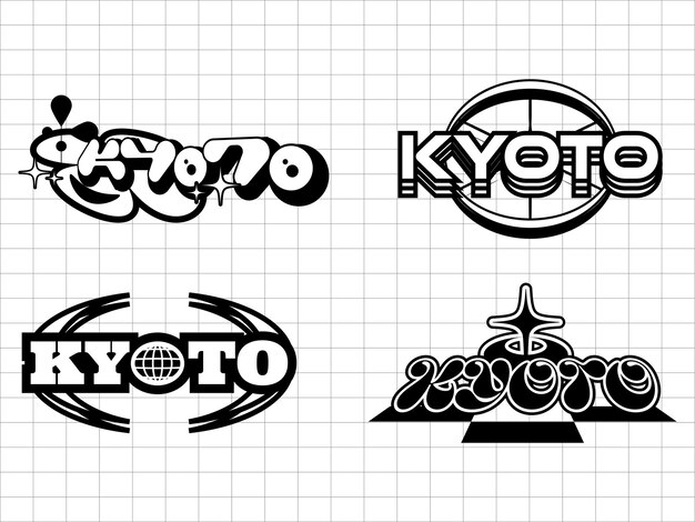 Kyoto retro futurista para el diseño de camisetas símbolos y objetos geométricos gráficos abstractos en y2k