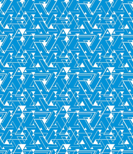 Laberinto azul geométrico de patrones sin fisuras, interminable fondo vectorial ilusorio. La cubierta abstracta caótica con triángulos y rayas se puede utilizar en diseño gráfico.