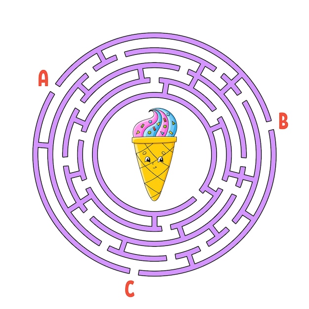 Laberinto circular Juego para niños Rompecabezas para niños Enigma de laberinto redondo Encuentra el camino correcto Tema de cumpleaños Ilustración vectorial