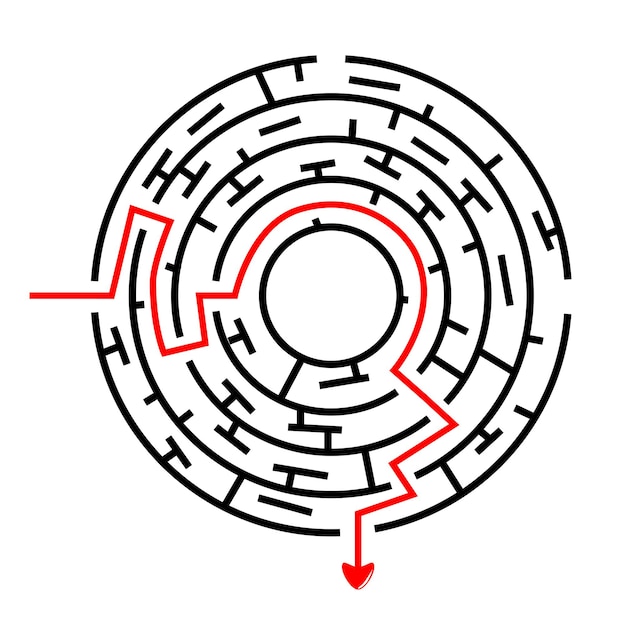 Vector laberinto de círculo de vector negro, línea roja de adentro hacia afuera con flecha