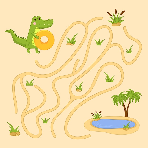 Vector laberinto de cocodrilos el rompecabezas del laberinto ayuda al caimán a encontrar el camino al lago del oasis elija el juego de dirección para la ilustración del vector de la prueba lógica de los niños