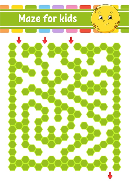 Laberinto de color rectangular. Linda luna Juego para niños. Laberinto divertido. Hoja de trabajo de desarrollo de educación. Página de actividad.