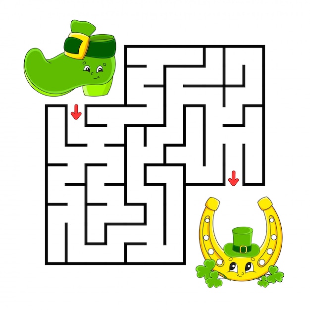 Laberinto cuadrado. Juego para niños. Bota y herradura. Rompecabezas para niños. Laberinto enigma.