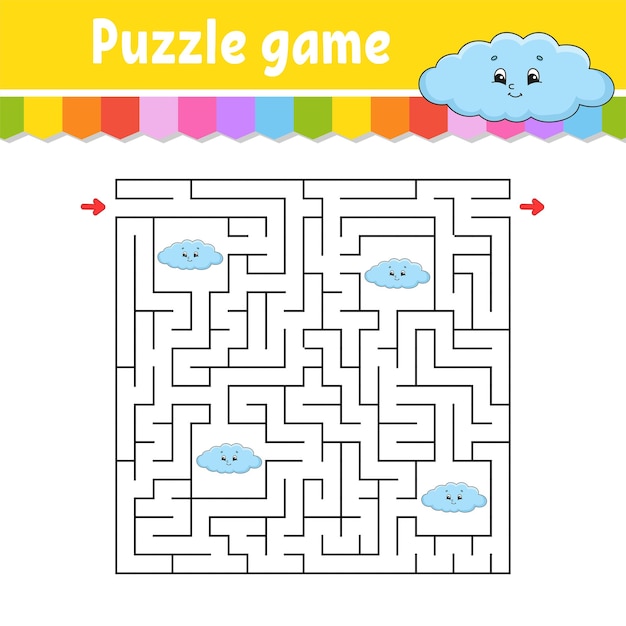 Laberinto cuadrado. juego para niños. nube divertida. puzzle para niños. enigma del laberinto. encuentra el camino correcto. personaje animado.