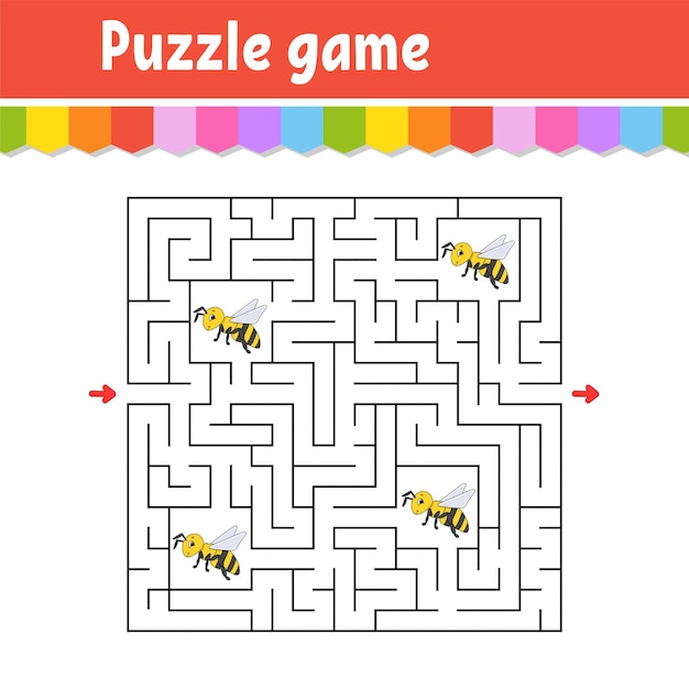 Laberinto cuadrado. Juego para niños. Puzzle de abejas a rayas para niños. Enigma del laberinto. Encuentra el camino correcto. Personaje animado.