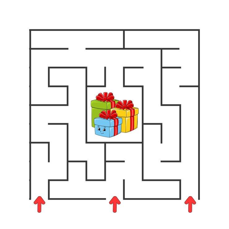 Vector laberinto cuadrado. juego para niños. puzzle para niños. personaje animado. enigma del laberinto. ilustración de vector de color. encuentra el camino correcto. el desarrollo del pensamiento lógico y espacial.