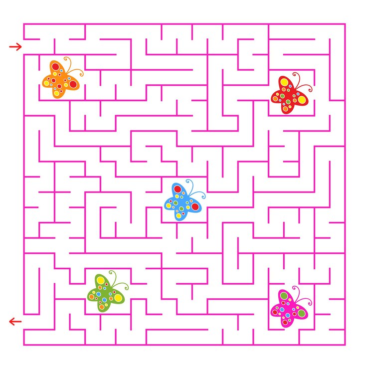 Vector un laberinto cuadrado. recoge todas las mariposas y encuentra una salida del laberinto.