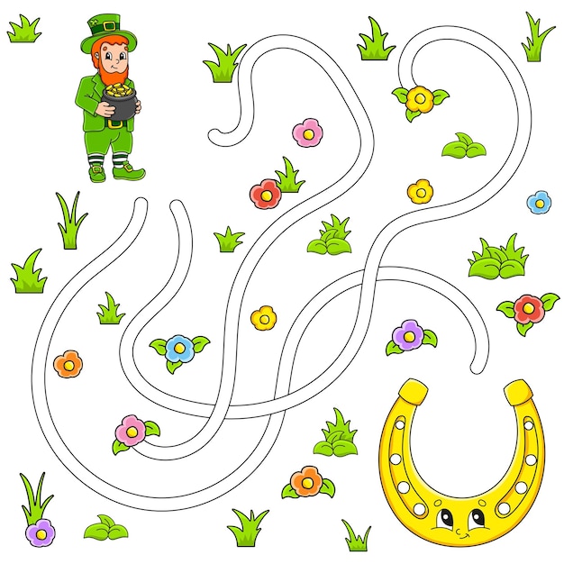 Laberinto divertido para niños Rompecabezas para niños personaje de dibujos animados Laberinto enigma Día de San Patricio Encuentra el camino correcto