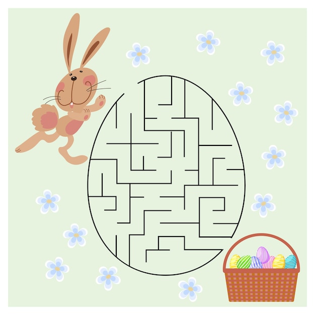 Laberinto educativo para niños dibujado conejito divertido y canasta con huevos Ilustración preescolar de bebé