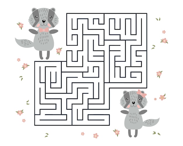 Laberinto educativo para niños, lindos mapaches enamorados. ilustración, vector