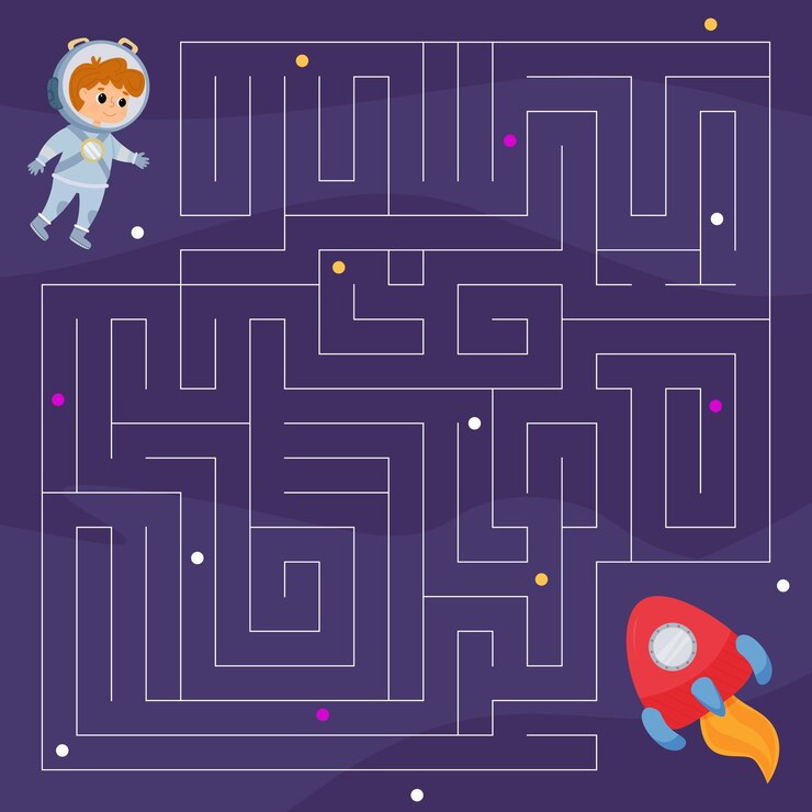 Vector laberinto espacial para niños con un astronauta que se dirige a un cohete evento preescolar en honor al día del espacio conciencia cósmica o un juego de laberinto espacial una hoja de trabajo de rompecabezas para imprimir en la exploración espacial