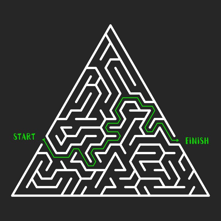 Vector laberinto de fondo de juego de laberinto triangular con ilustración de vector de entrada y salida
