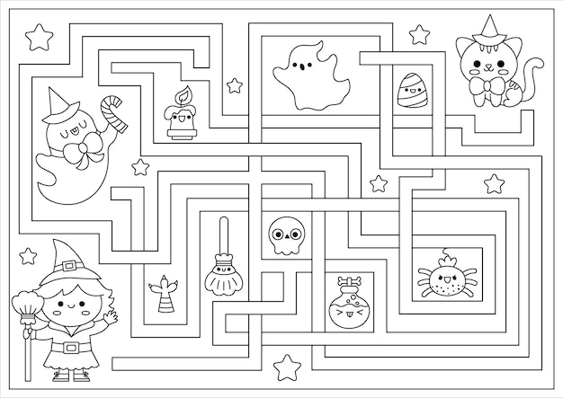 Laberinto de Halloween en blanco y negro para niños Actividad imprimible preescolar de línea festiva de otoño con un lindo fantasma gato bruja kawaii Página para colorear de laberinto aterrador con personajes lindos