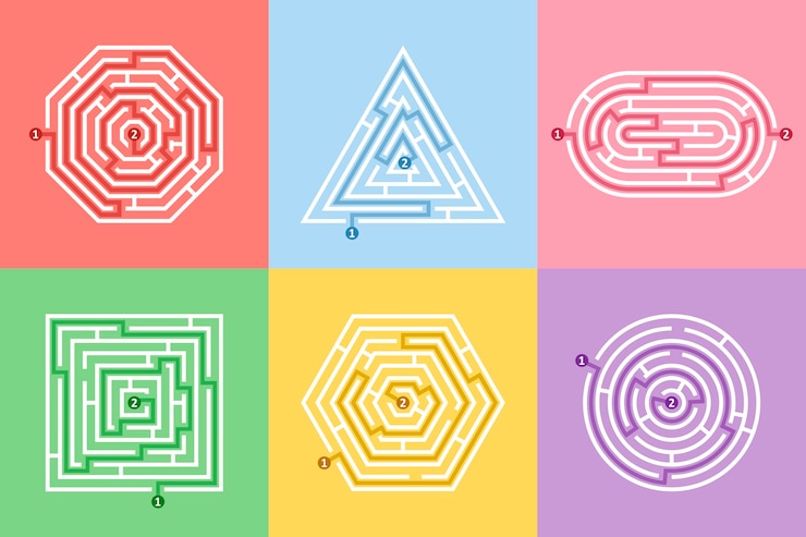 Vector laberinto juego de diferentes formas y laberinto divertido juego de rompecabezas.