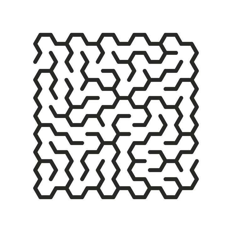 Vector laberinto de juego de lógica educativa para niños encontrar el camino correcto laberinto hexagonal simple aislado línea negra sobre fondo blanco
