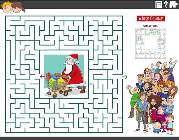 Laberinto juego de rompecabezas con Santa Claus con regalos de Navidad y grupo de personas