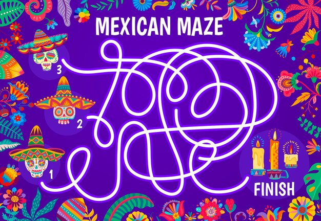 Laberinto laberinto con flores mexicanas calavera calaveras de azúcar y velas Hoja de trabajo del juego Vector kids encontrar el camino correcto rompecabezas o prueba Dia de los Muertos esqueletos sombrero sombreros y ofrenda velas