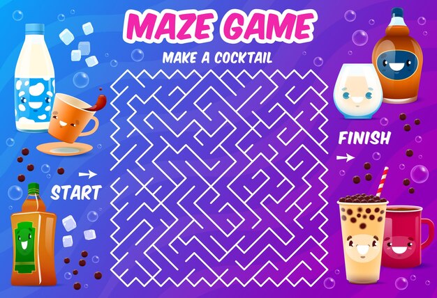 Laberinto del laberinto Hacer una bebida de cóctel Cuestionario del laberinto encontrar la página de actividad de juego vectorial o la hoja de trabajo de la ruta de búsqueda con divertidos personajes de dibujos animados de café con burbujas de leche, té, tequila o coñac