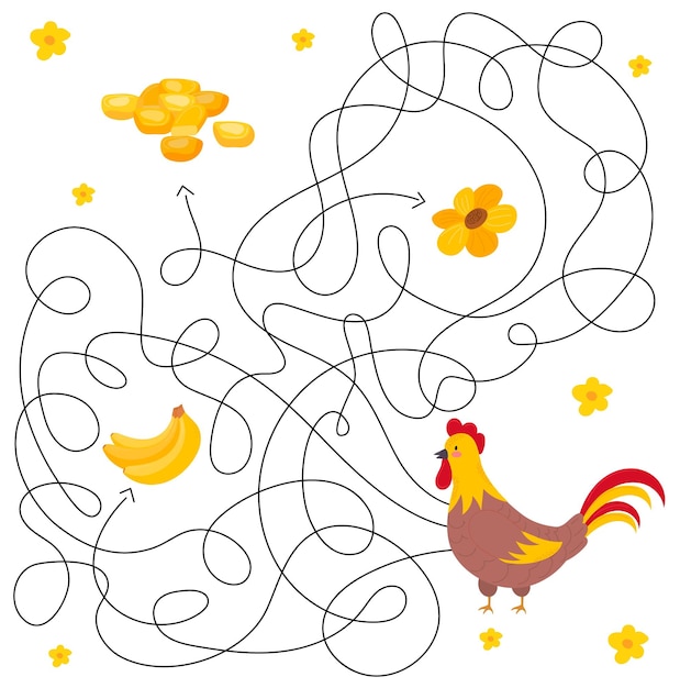 Laberinto lindo para niños juego para niños rompecabezas para niños carácter feliz laberinto enigma color vector eps 10 ilustración encuentra el camino correcto estilo de dibujos animados gallo plátano flor grano