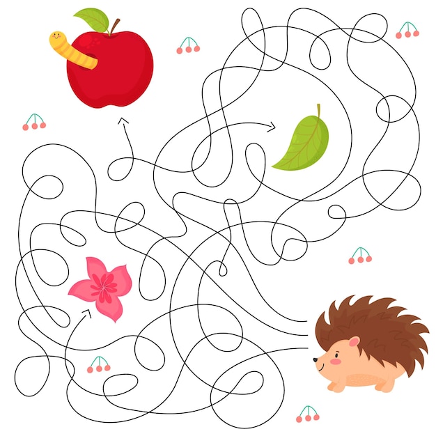 Laberinto lindo para niños juego para niños rompecabezas para niños carácter feliz laberinto enigma vector de color eps 10 ilustración encuentra el camino correcto estilo de dibujos animados erizo de hoja de flor de manzana