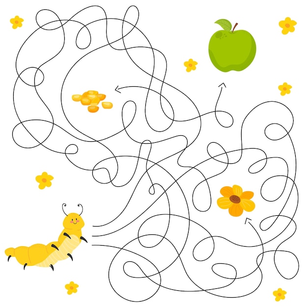 Laberinto lindo para niños Juego para niños Rompecabezas para niños Carácter feliz Laberinto enigma Vector de color EPS 10 ilustración Encuentra el camino correcto Estilo de dibujos animados Oruga flor grano manzana