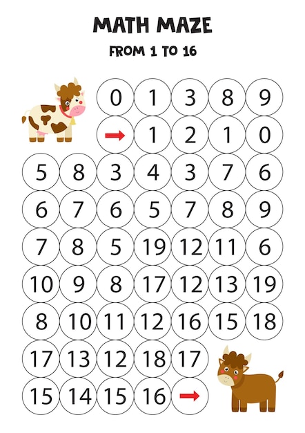 Laberinto de matemáticas con lindo toro y vaca. cuenta hasta 16. juego imprimible para niños.