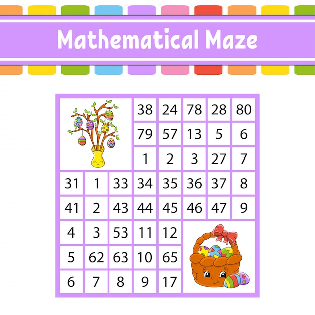 Laberinto matemático. Juego para niños. Laberinto de números. Hoja de trabajo de desarrollo de educación.