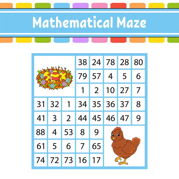 Laberinto matemático. Juego para niños. Laberinto de números. Hoja de trabajo de desarrollo de educación.