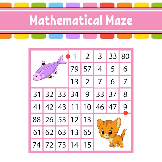 Laberinto matemático. Juego para niños. Número de laberinto. Hoja de trabajo de desarrollo educativo. Página de actividades.