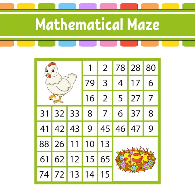 Laberinto matemático. Juego para niños. Número de laberinto. Hoja de trabajo de desarrollo educativo. Página de actividades.